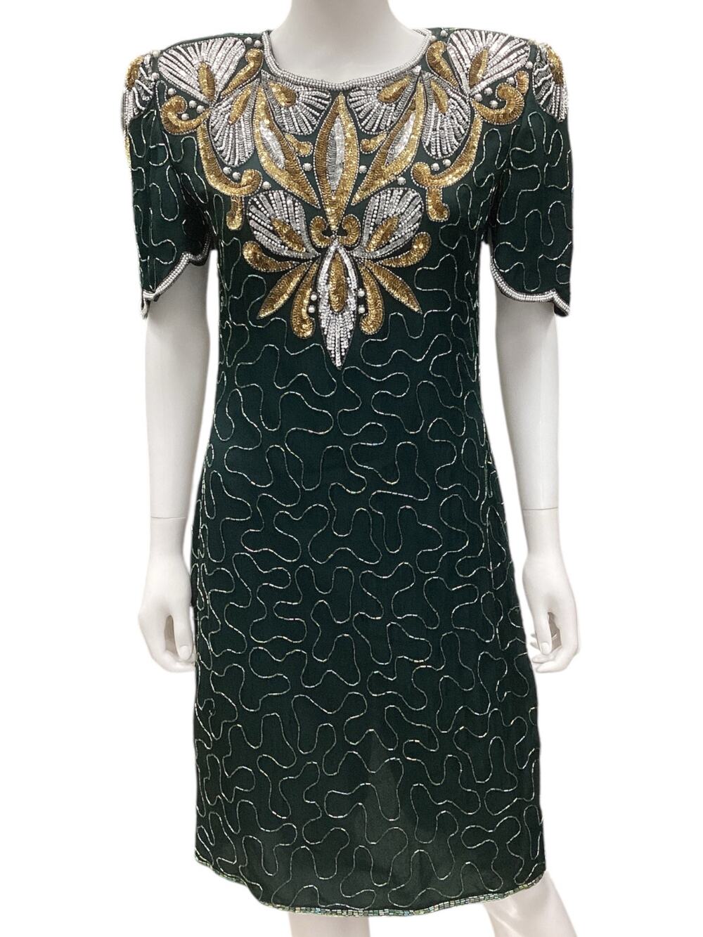 Denise Elle VTG Dress Women’s Size Medium Silk Beading in Dark Green